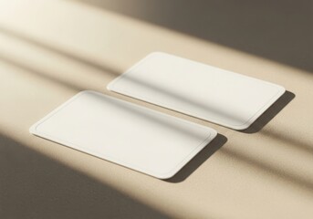 Two blank white business cards with rounded corners on a textured surface with light and shadow