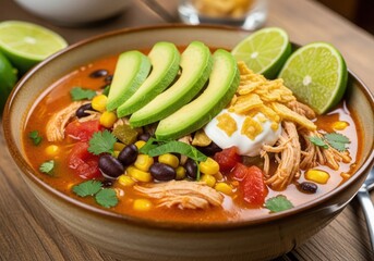 Delicious bowl of chicken tortilla soup topped with avocado, lime, cilantro, and sour cream