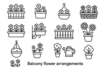 Various balcony flower arrangements illustrated in black and white