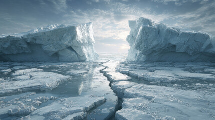 Realistic editorial photo showing polar ice breaking apart, daylight, sharp details, suitable for media coverage. Massive polar icebergs split apart with melting sea ice under cloudy sky