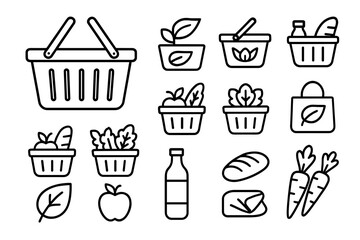 Collection of shopping baskets and grocery icons: fruits, vegetables, and eco-friendly items