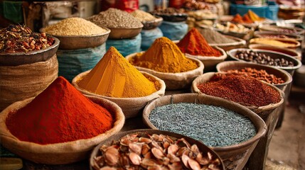 Fototapeta premium A market full of spices in India overflows with vibrant colors and rich aromas, bringing the senses to life. 