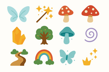 Whimsical icons: butterflies, magic wand, mushrooms, crystals, trees, rainbow
