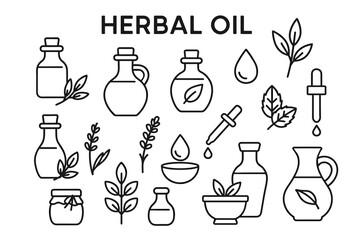 Herbal oil set: bottles, leaves, droppers, and bowls in line art style