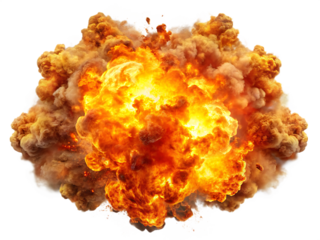 Bright orange and yellow fire explosion with smoke flame blast isolated on a transparent background