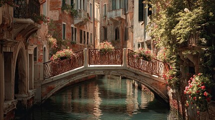 Fototapeta premium A romantic bridge over a canal in Venice arches gracefully, reflecting in the water and surrounded by charming architecture. 