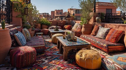 A rooftop terrace in Marrakech with colorful pillows offers a cozy retreat overlooking the city’s vibrant skyline.
