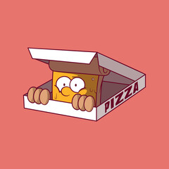 Slice of Pizza Peeking Out of Pizza Box vector illustration. Food, mascot design concept.