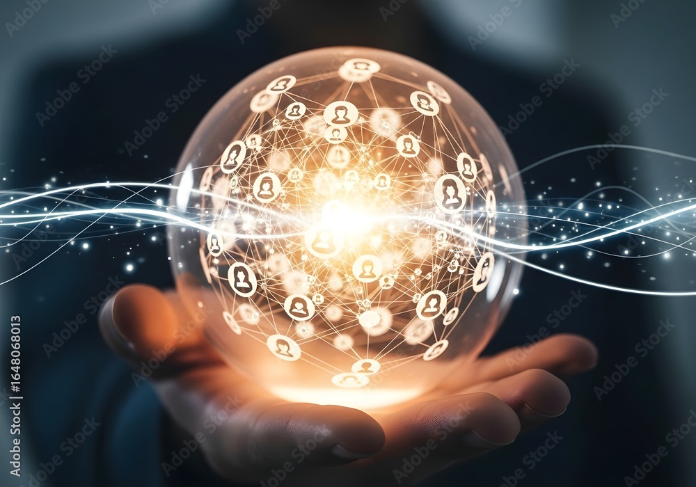 Poster a person holds a glowing sphere with network connections and user icons in their hand.