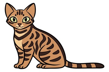 Cute cartoon bengal cat sitting gracefully isolated on white background