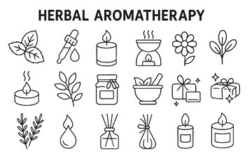 Herbal aromatherapy icons: essential oils, candles, plants, and natural remedies