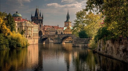 A stone bridge over a river in Prague reflects centuries of history, arching gracefully above the flowing waters.
