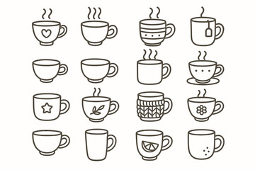 Set of sixteen minimalist coffee and tea mug line art illustrations
