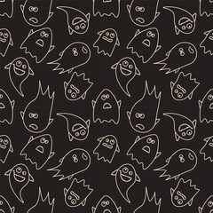 Cute Halloween drawing with a  ghosts, dark background. flying Halloween characters, cartoon spirit, print for fabric texture, decoration, wrapping paper.