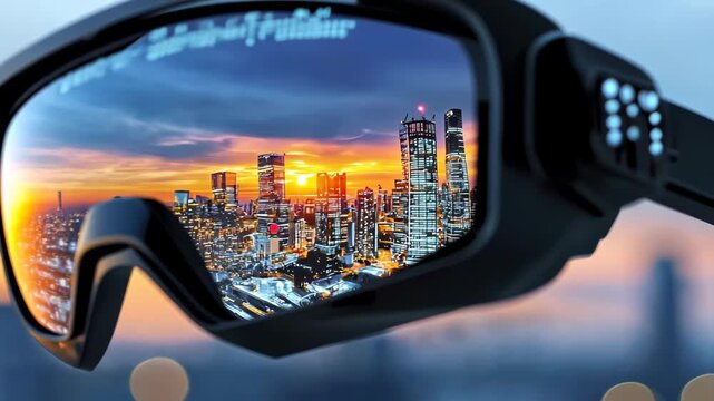 A modern urban skyline reflected in stylish ski goggles at sunset