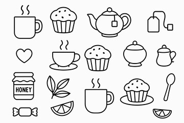 Minimalist black and white tea and dessert icons including teapot, cup, muffin, and honey