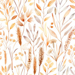 Autumn Wheat and Botanical Branches Seamless Pattern. Watercolor Design