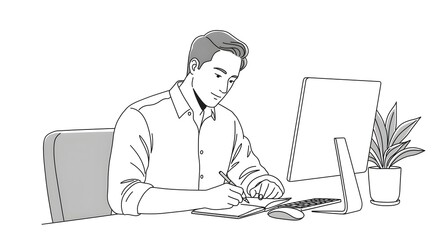 Man Working at Desk, Writing Notes and Using Computer, Business, Office, Work, Productivity