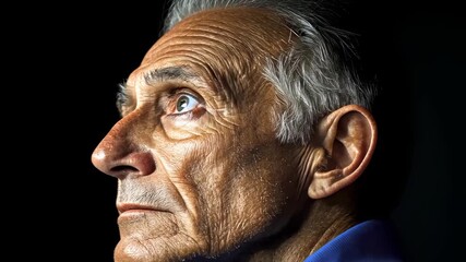 Pensive elderly man gazing upward in contemplative expression with dramatic lighting - Powered by Adobe