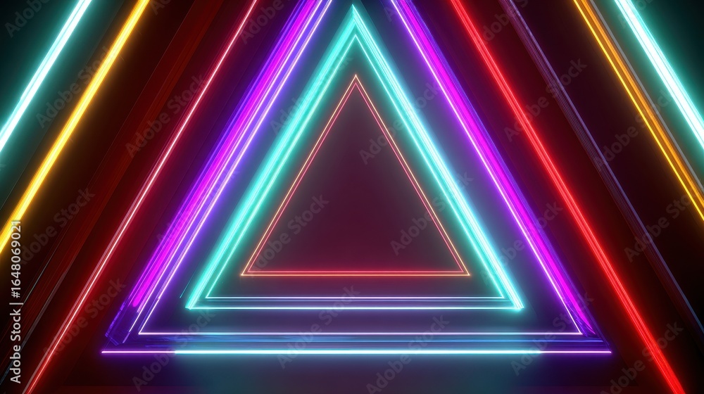 Poster glowing colorful triangles pattern against a dark background creating a vibrant and modern design