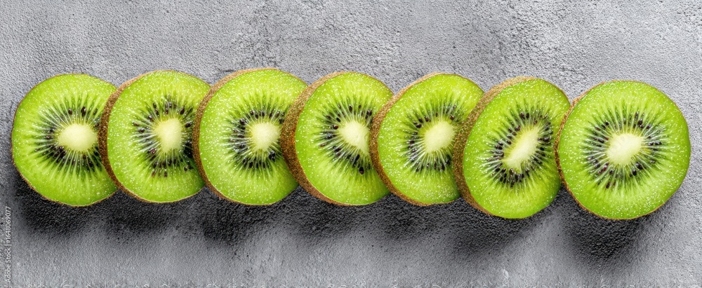 Poster the kiwi slices arranged in a neat row on a textured gray background