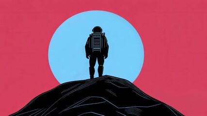 Astronaut standing on a mountain against a colorful background