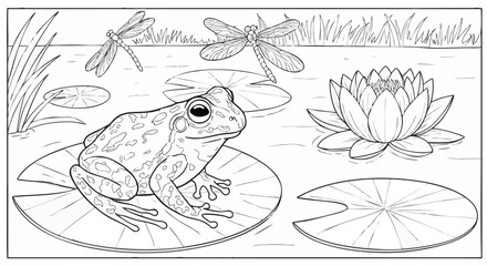 A frog and dragonflies on lily pads with a water lily flower in a pond, black and white line art illustration