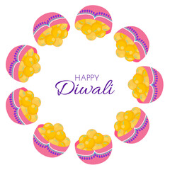 Festive Diwali celebration set with sweet laddoo in flat style. Deepavali vector illustration for banners, posters and social media