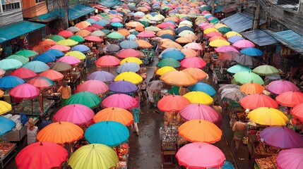 An outdoor market in Thailand with colorful umbrellas bursts with vibrant stalls, lively crowds, and the rich scents of local spices.
