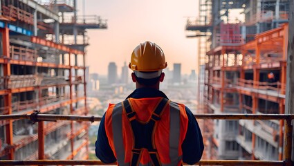Fototapeta premium Construction worker in orange safety vest and yellow hard hat overlooking city skyline at sunrise construction site
