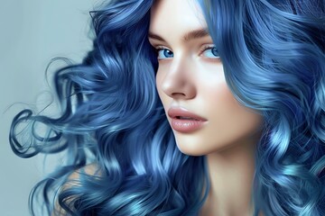 Fototapeta premium Elegant woman with long wavy blue hair, Studio portrait with icy tones, Fashion hair color inspiration, Serene and dreamy cool beauty look