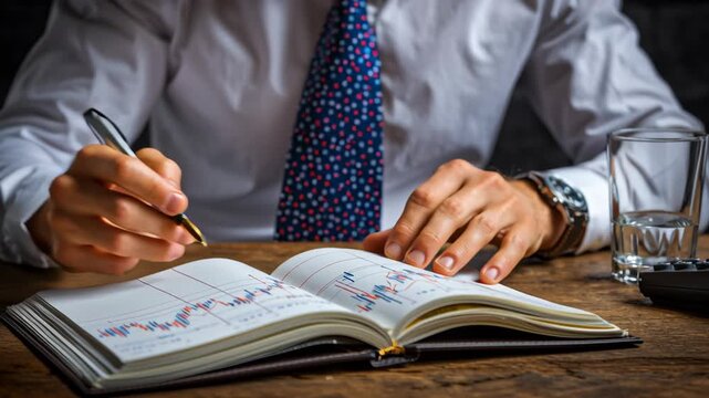 Professional writes notes in a stylish notebook.