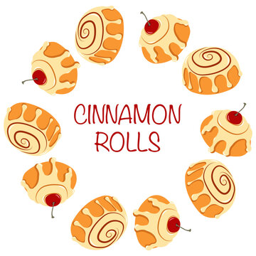 Flat style cinnamon rolls frame with inscription in flat stye. Hand drawn autumn vector illustration for fall themed banners and cards