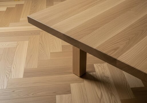 Closeup of a wooden parquet floor with a herringbone pattern and a table leg