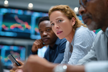 Team members discussing market trends during a financial meeting in a trading room
