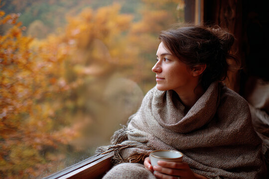 Woman wrapped in a woolen blanket enjoys a serene moment by the window in autumn