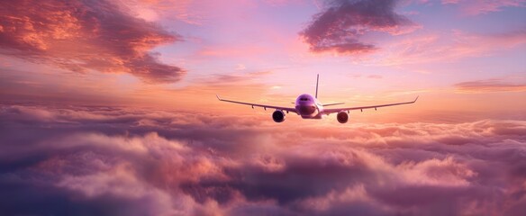 Obraz premium The airplane soaring above vibrant sunset clouds with dramatic pink and purple sky
