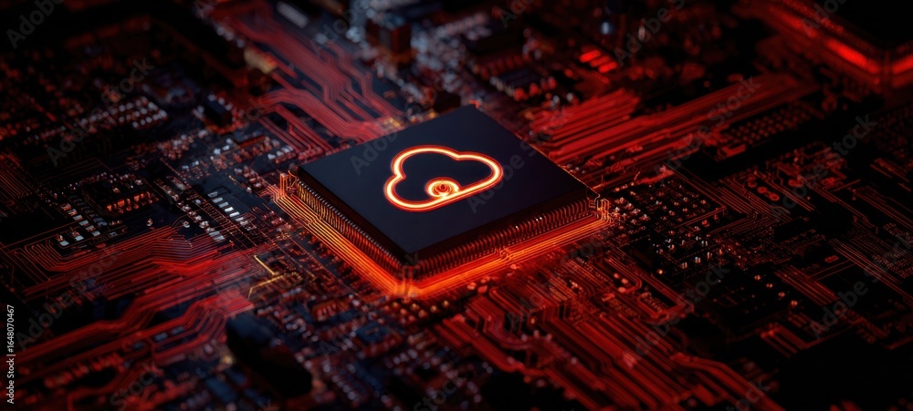 Poster the cloud processor illuminated on a red circuit board for secure computing