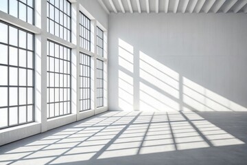 Obraz premium Sunlight streaming through large industrial windows creating geometric shadows isolated on white background