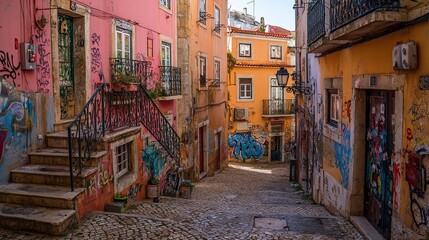Fototapeta premium Street art walls in the colorful lanes of Lisbon burst with creativity, turning every corner into a vibrant open-air gallery. 