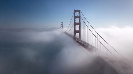 The Golden Gate Bridge disappearing into the fog evokes mystery and majesty over San Francisco’s iconic bay.
