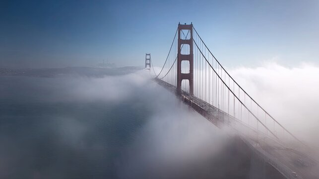 The Golden Gate Bridge disappearing into the fog evokes mystery and majesty over San Francisco’s iconic bay.
