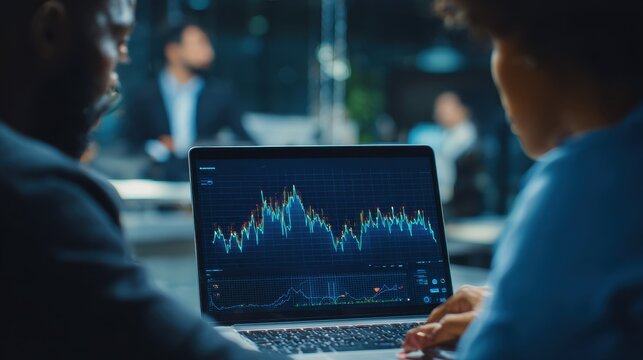 Three business people discussing data analysis on a laptop in an office, smiling