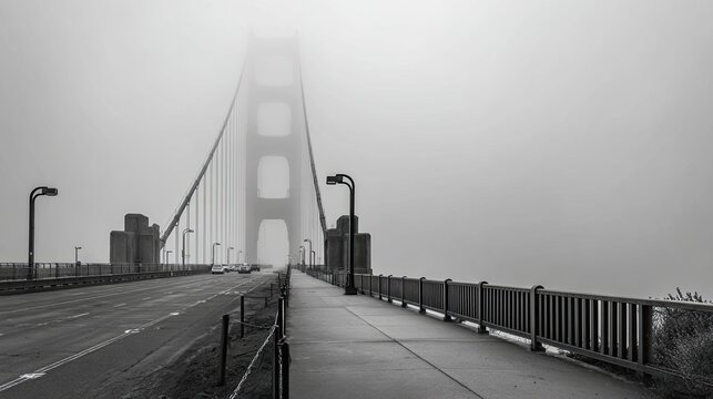 The Golden Gate Bridge disappearing into the fog evokes mystery and majesty over San Francisco’s iconic bay.
