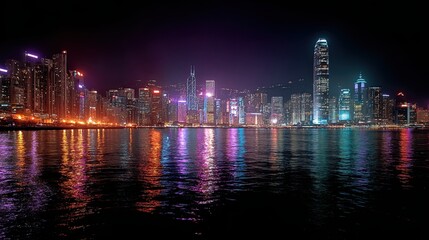 Naklejka premium The skyline of Hong Kong lit up at night sparkles with vibrant lights, reflecting its dynamic energy and modern charm. 