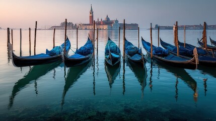 Venice gondolas rest in the calm morning water, gently swaying beneath the soft glow of dawn.

