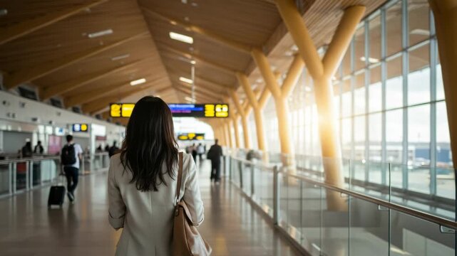 Woman walking through a modern airport terminal with large windows and bright sunlight, ready for travel