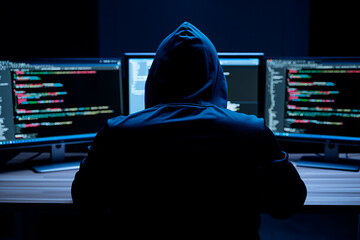 Anonymous hacker in a dark hoodie programming on multiple computer screens in a dark room