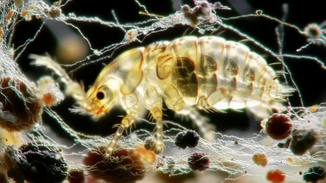 Microscopic view of a mite on a fungal network