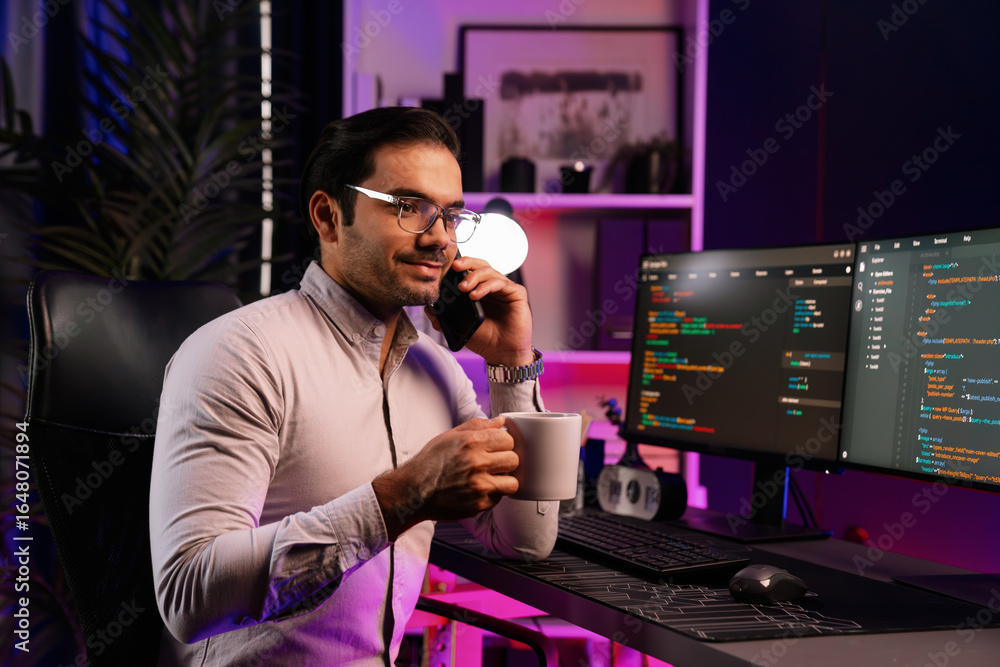 Poster smart it developer calling to coworker with holding coffee cup solving error software development co